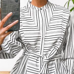 Topshop belted black & white striped cotton shirt